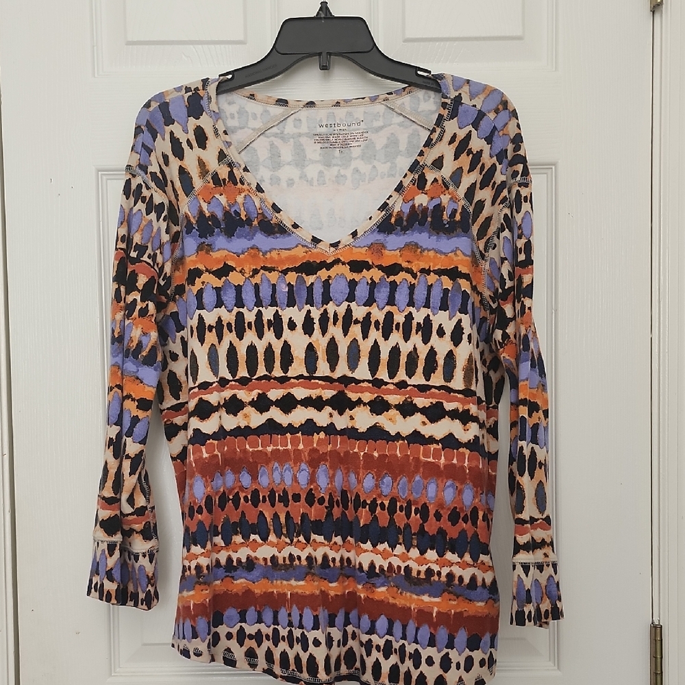 1X Westbound Multicolor Tribal-Stripe V-Neck Long Sleeve Top